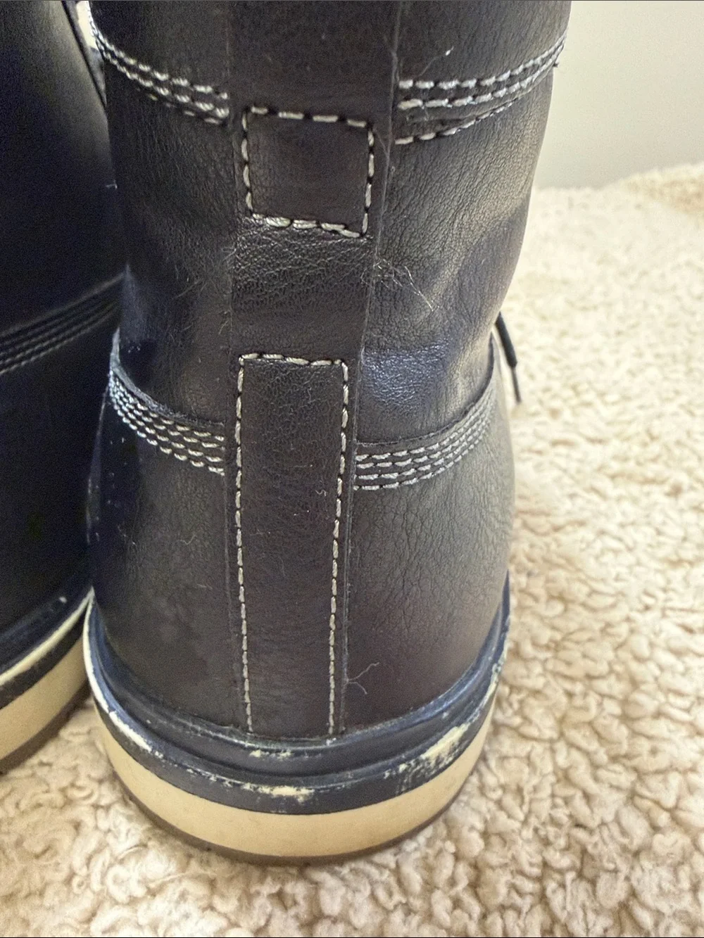 Men's Black Leather Lace-Up Boots with Gray Fabric Collar